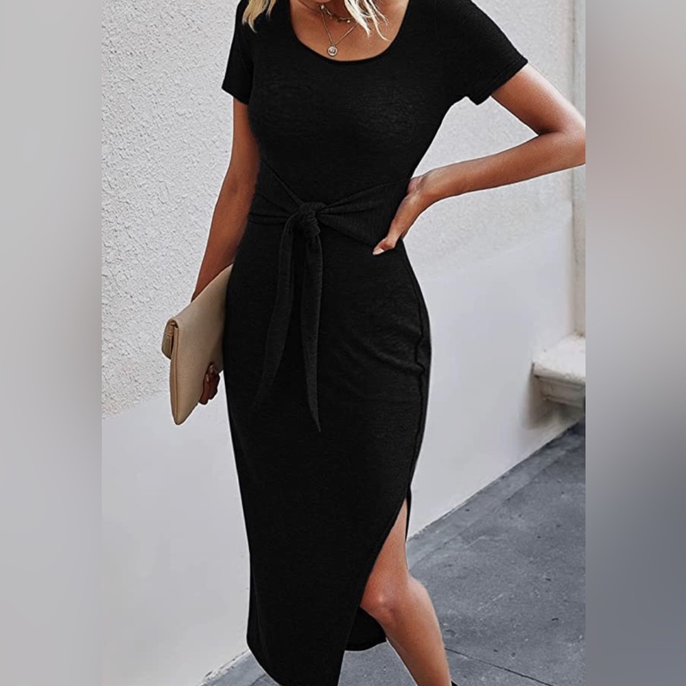 M BLACK TIE-WAIST MIDI TSHIRT DRESS